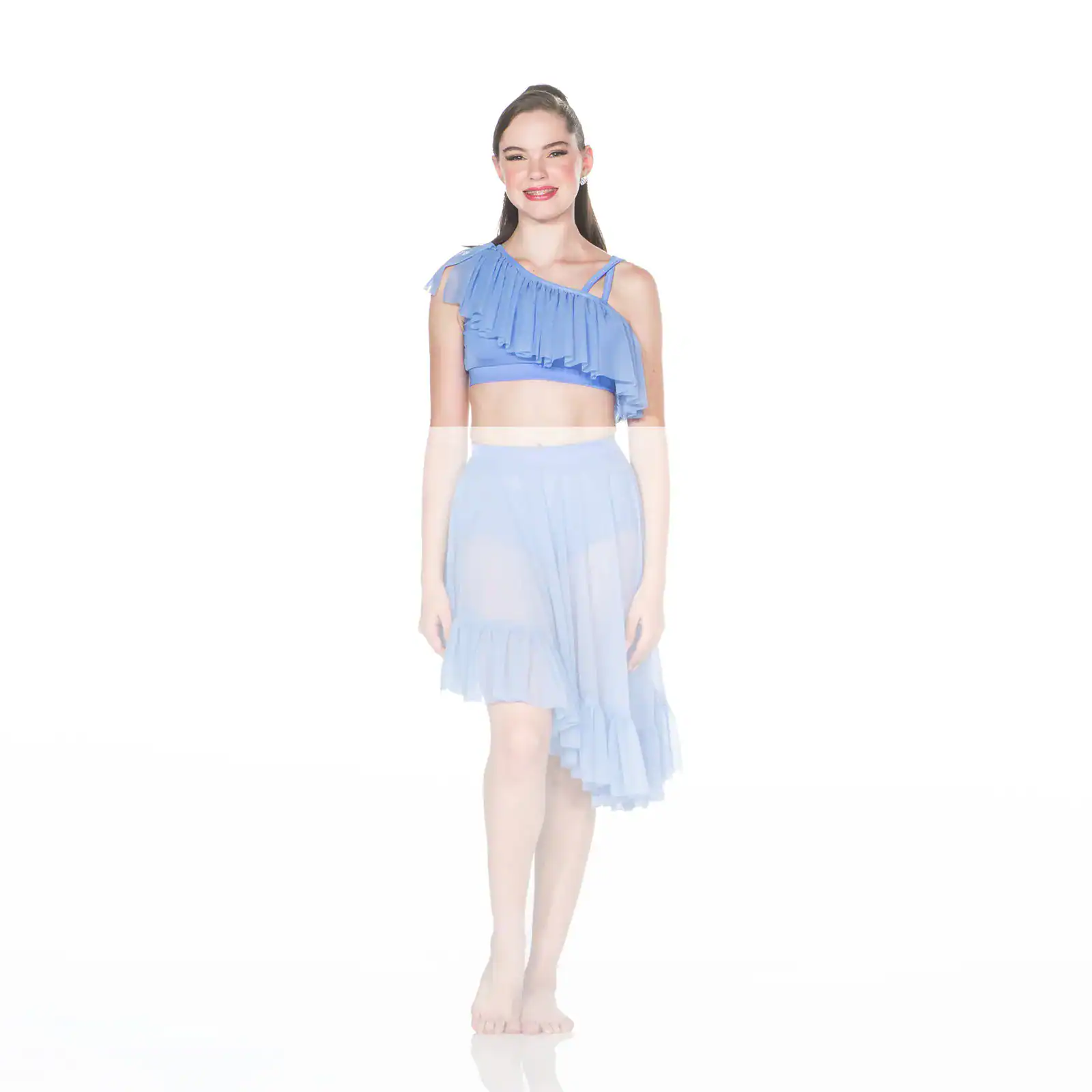 Woman modeling a light blue ruffled two-piece outfit