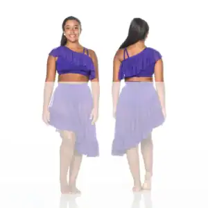 Front and back views of purple ruffled dance costume