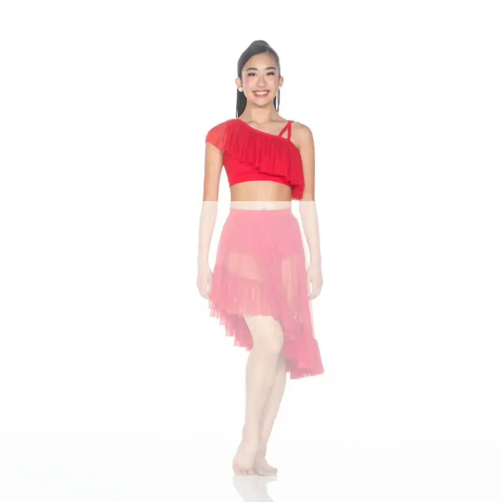 Smiling woman wearing red ruffled dance costume