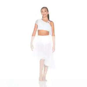 Smiling woman in white asymmetrical dance outfit