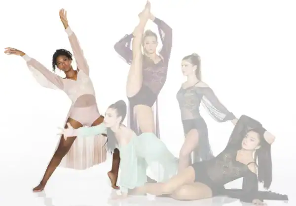 Five dancers posing in elegant sheer costumes against white background