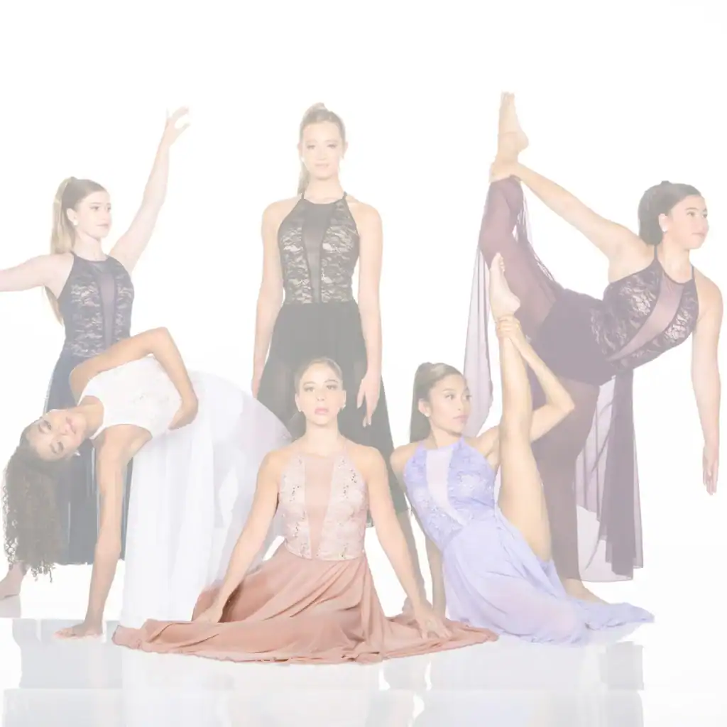 Six young dancers posing in elegant costumes against white background