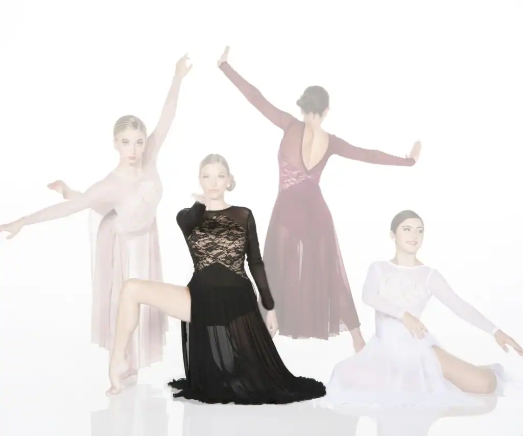 Four dancers posing in elegant flowing dresses
