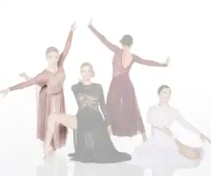 Four dancers pose in elegant flowing dresses