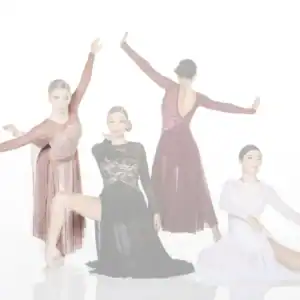 Four dancers pose in elegant flowing dresses