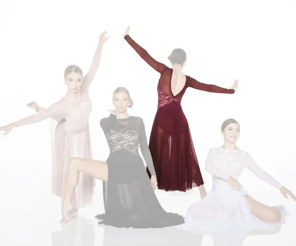 Four female dancers posing in elegant flowing dresses