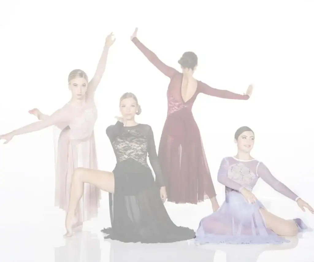 Four dancers posing in elegant flowing dresses