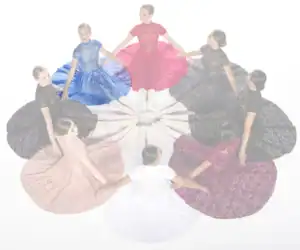Ballerinas in colorful lace dresses sit in a circle