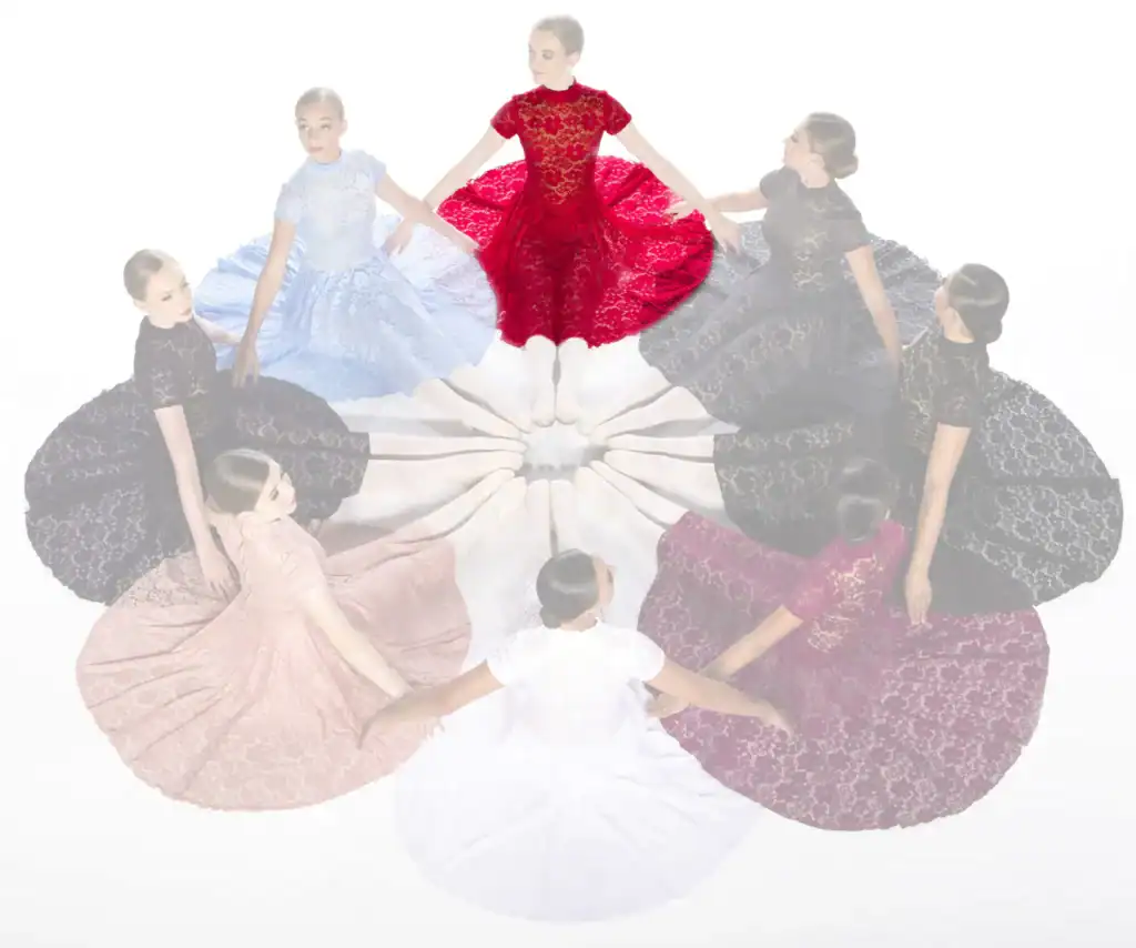 Women in colorful lace dresses arranged in a circle