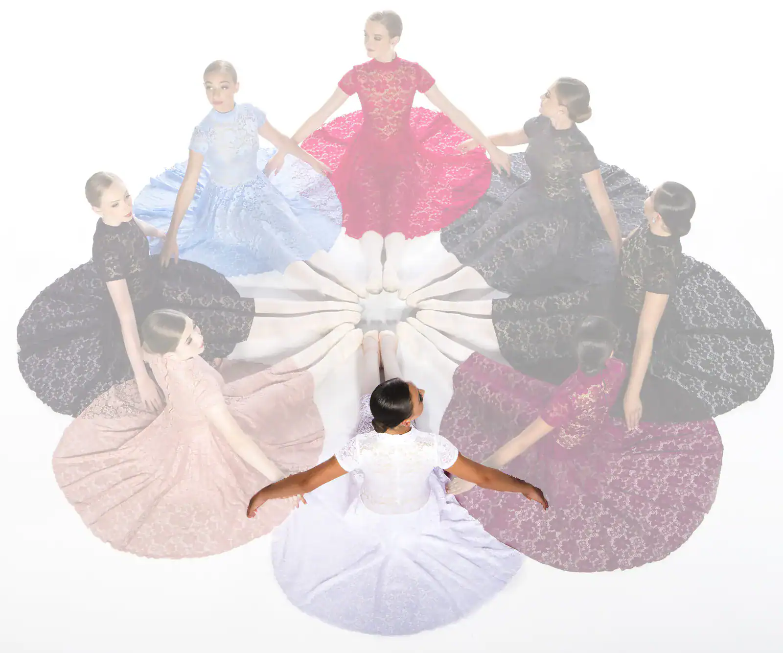 Ballerinas in colorful lace dresses seated in a circle