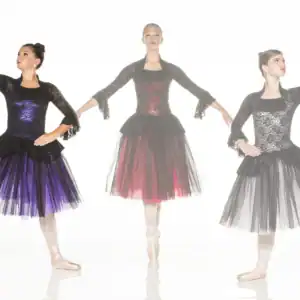 Three ballerinas pose in black lace dresses with colorful skirts.