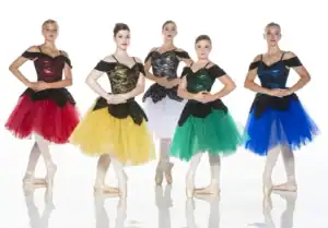 Five ballerinas in colorful tutus posing on pointe