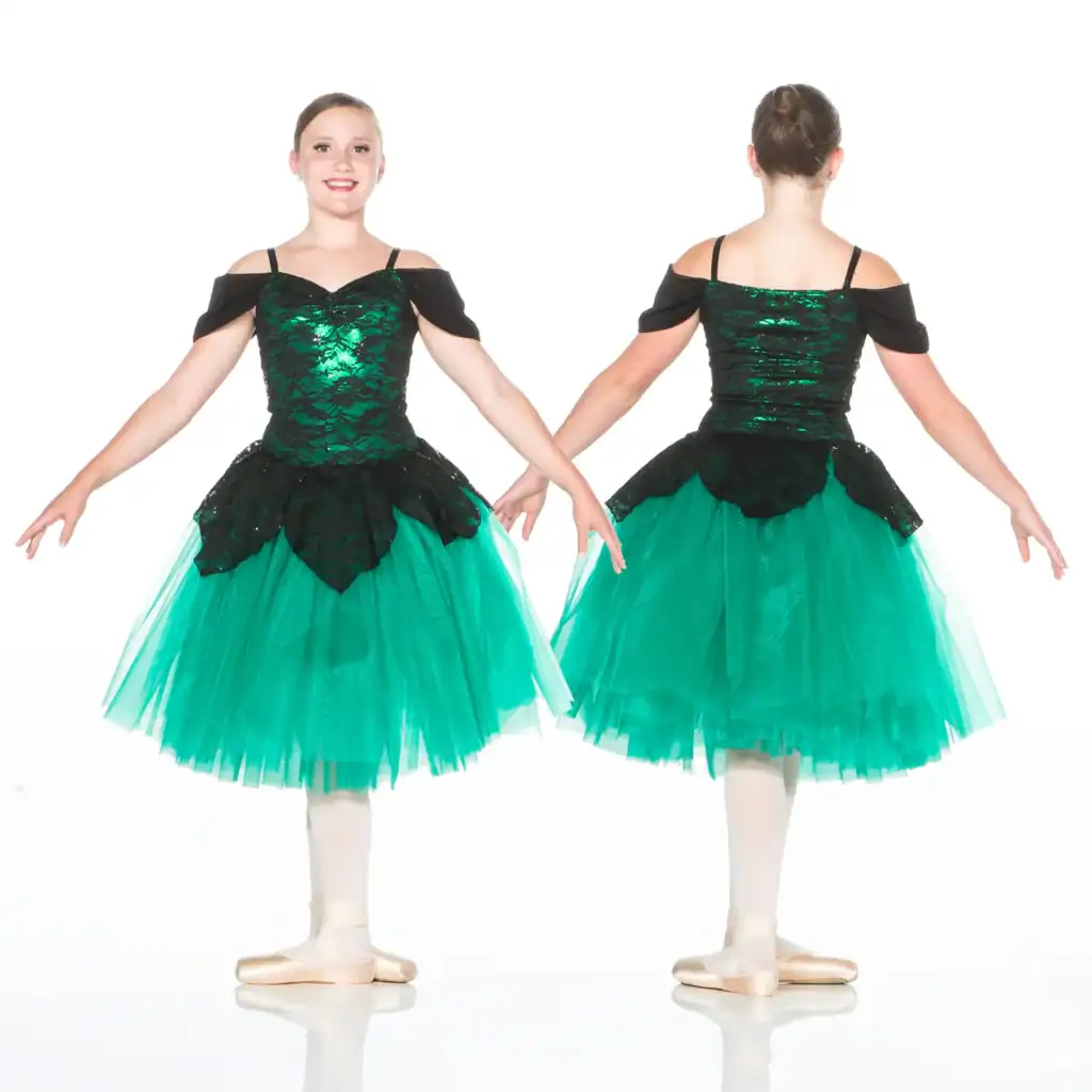Front and back views of green and black ballet costume