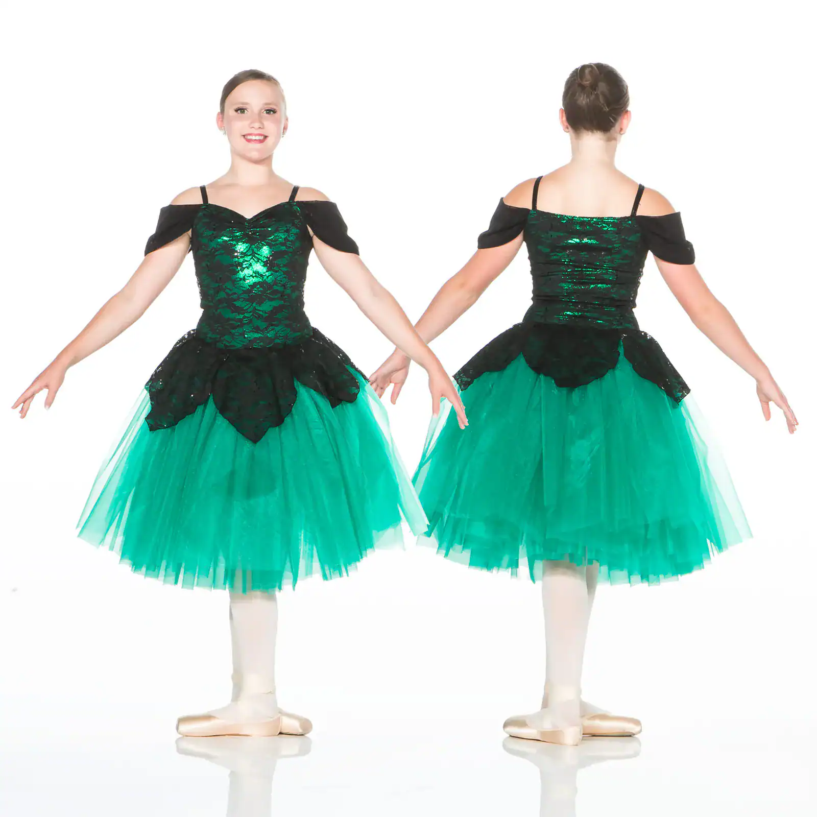 Front and back views of green and black ballet costume