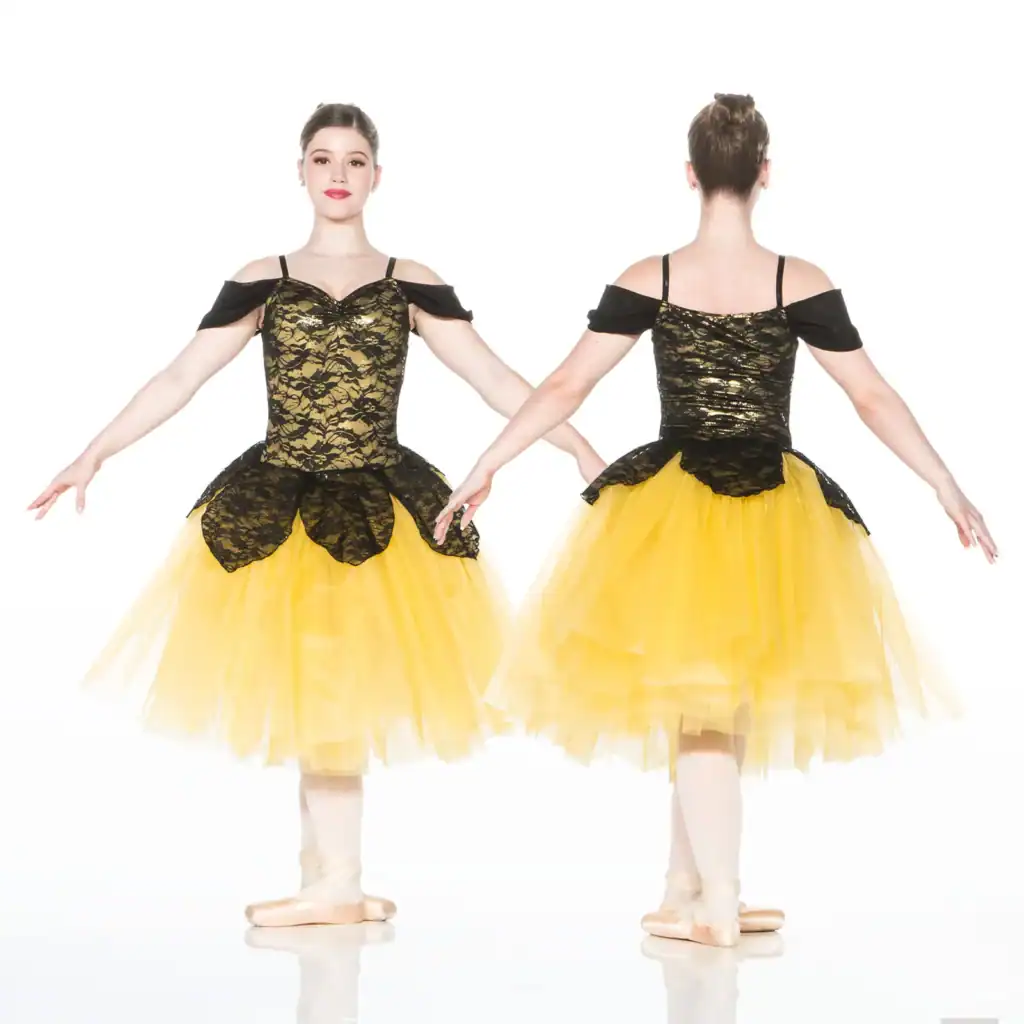 Front and back views of black and yellow ballet costume
