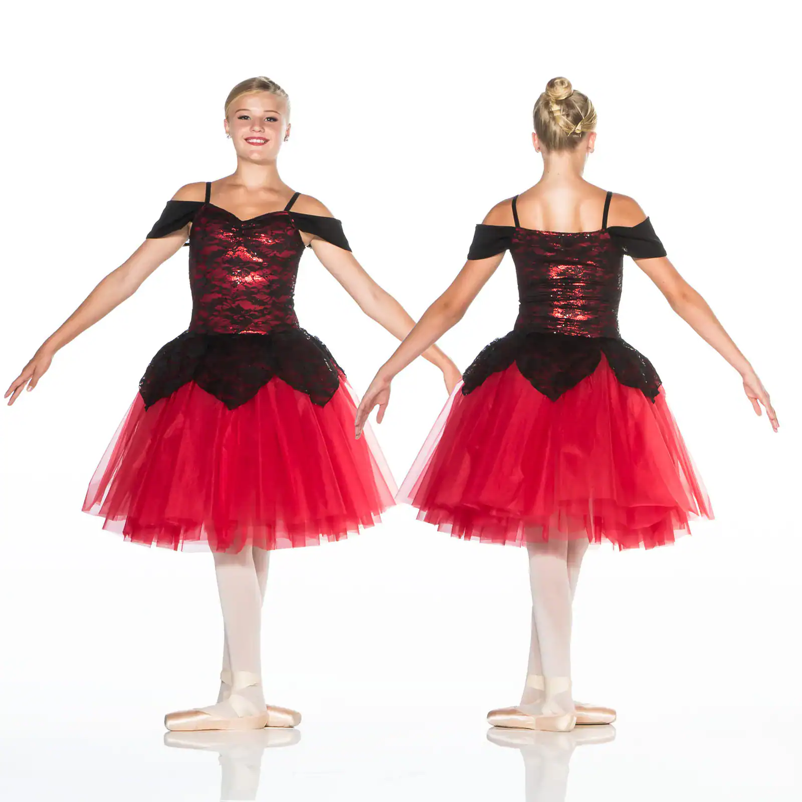Front and back views of red and black ballet costume