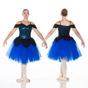 Front and back views of blue and black ballet costume