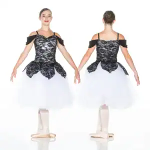Front and back views of dancer in black-and-white ballet costume
