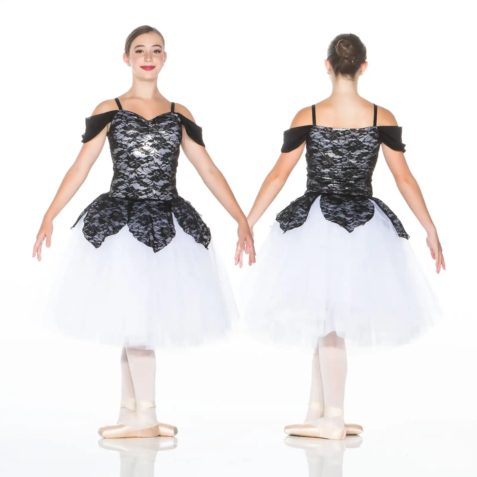 Front and back views of dancer in black-and-white ballet costume