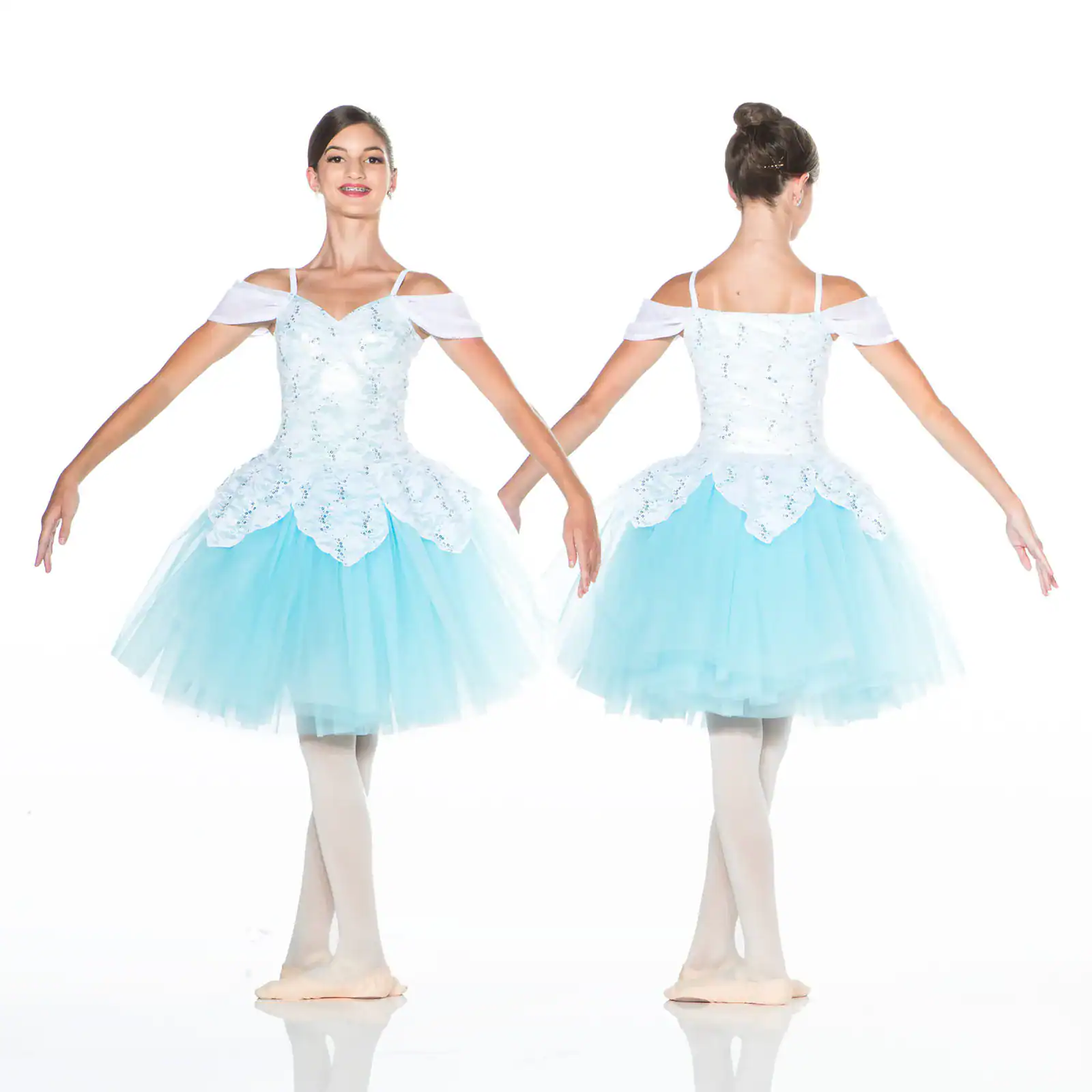 Front and back views of light blue ballet costume