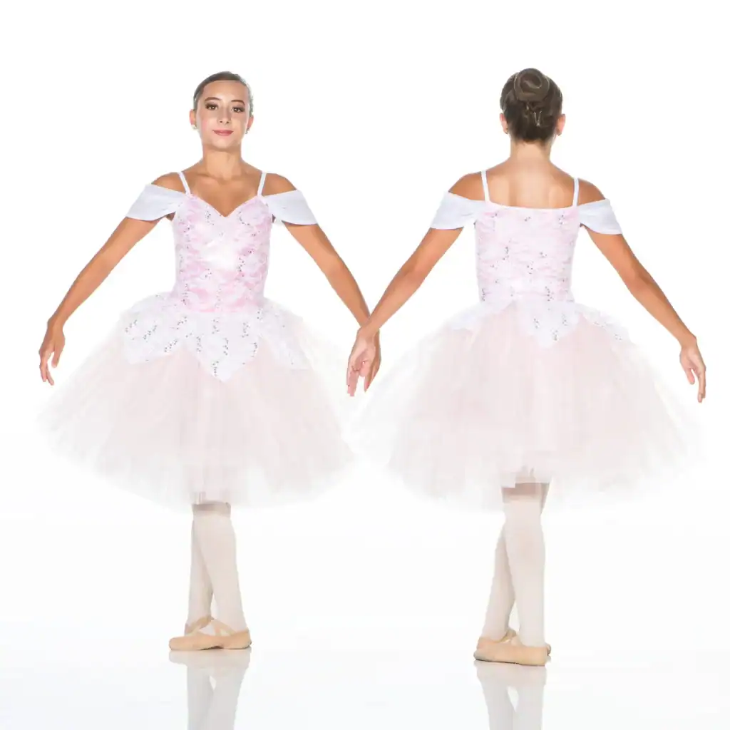 Front and back views of pink floral ballet costume