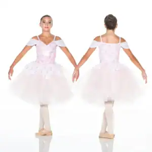Front and back views of pink floral ballet costume