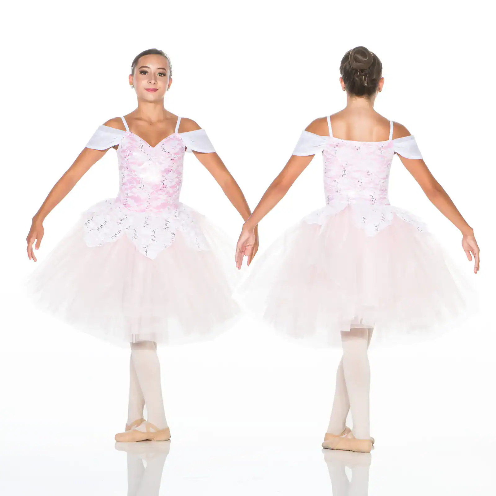 Front and back views of pink floral ballet costume