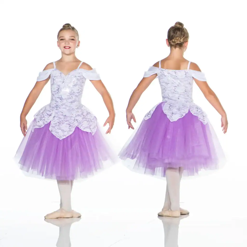 Front and back views of girl in lavender ballet costume
