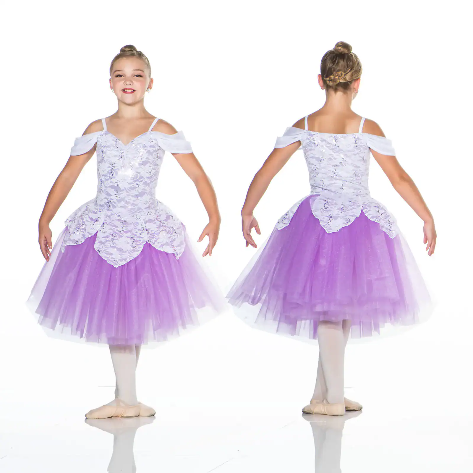 Front and back views of girl in lavender ballet costume