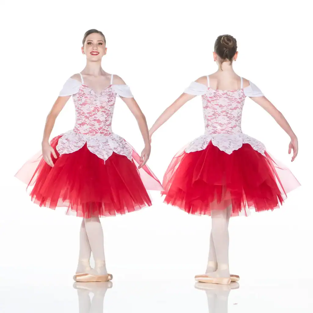 Front and back views of red and white ballet costume