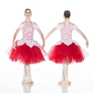 Front and back views of red and white ballet costume