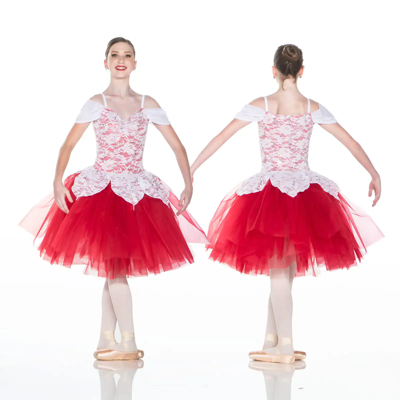 Front and back views of red and white ballet costume
