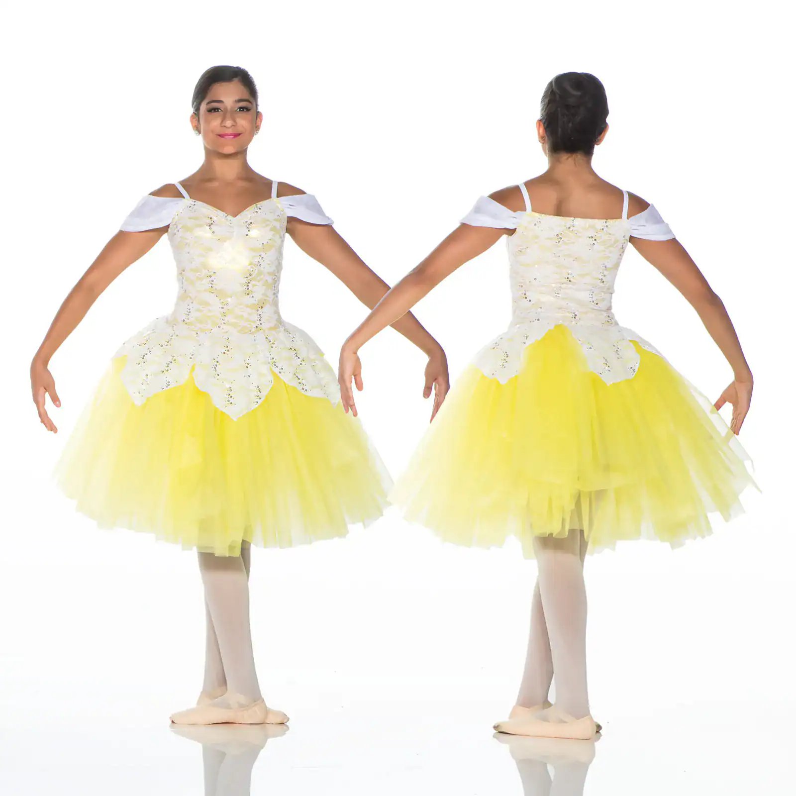 Front and back views of yellow ballet costume