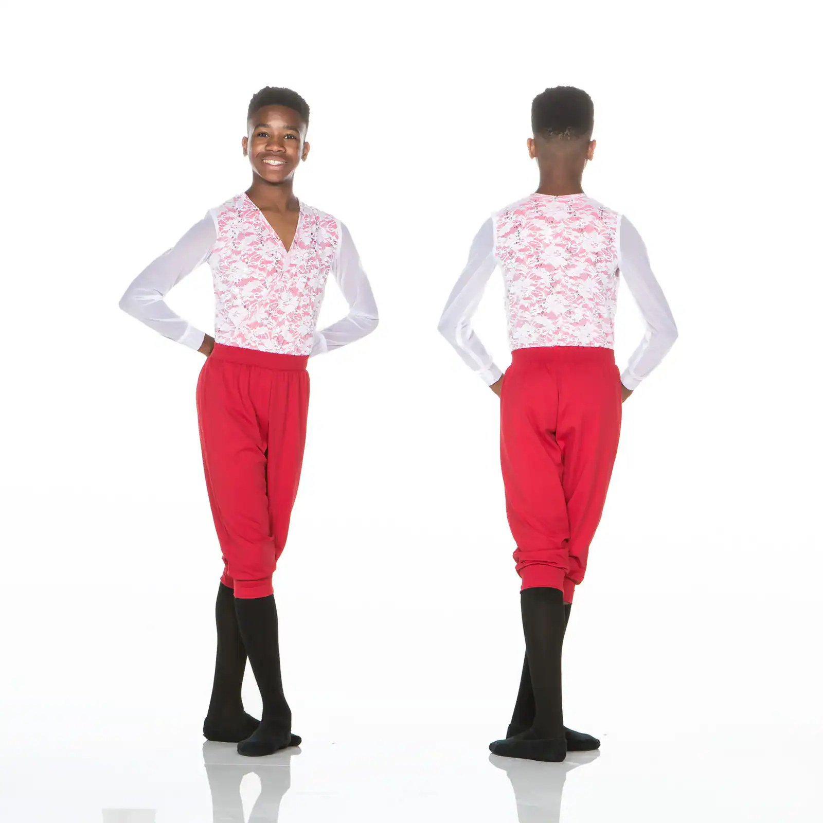 Front and back views of dancer costume with red pants