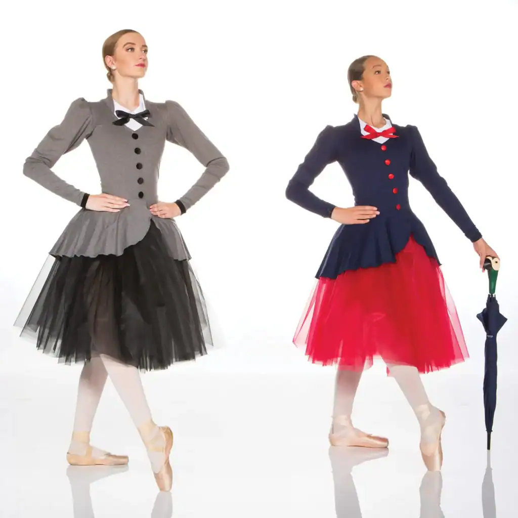 Two ballet dancers in vintage dresses, one holding umbrella.