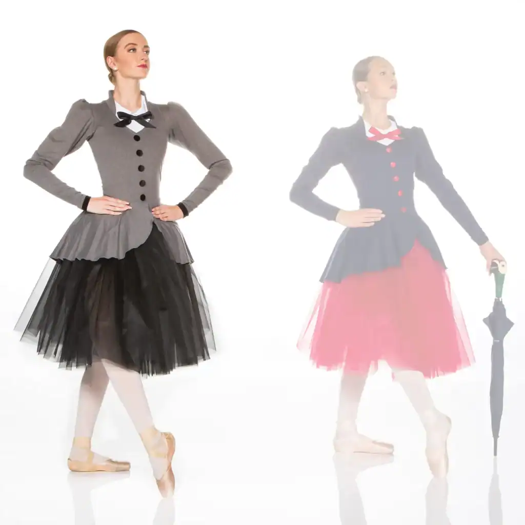Ballerinas pose in contrasting skirts; one holds an umbrella.