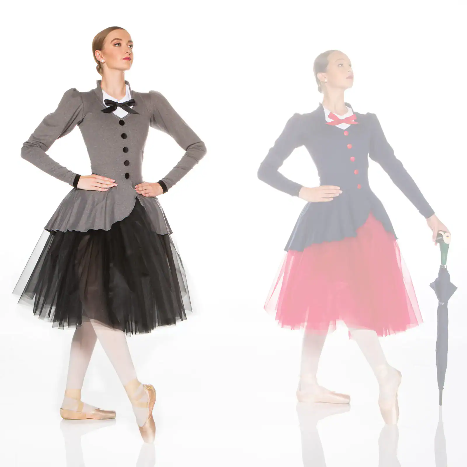 Ballerinas pose in contrasting skirts; one holds an umbrella.