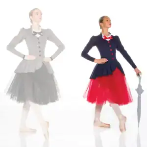 Ballerina in navy and red costume holding umbrella