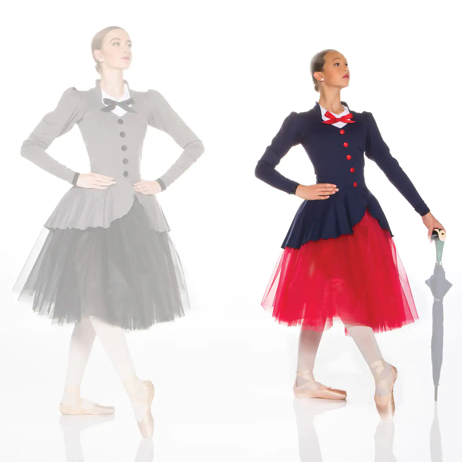 Ballerina in navy and red costume holding umbrella
