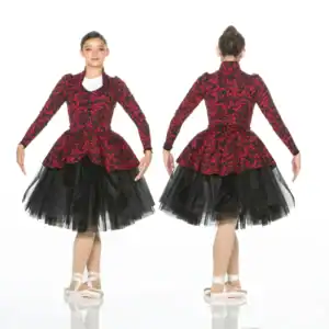 Front and back views of red black dance costume