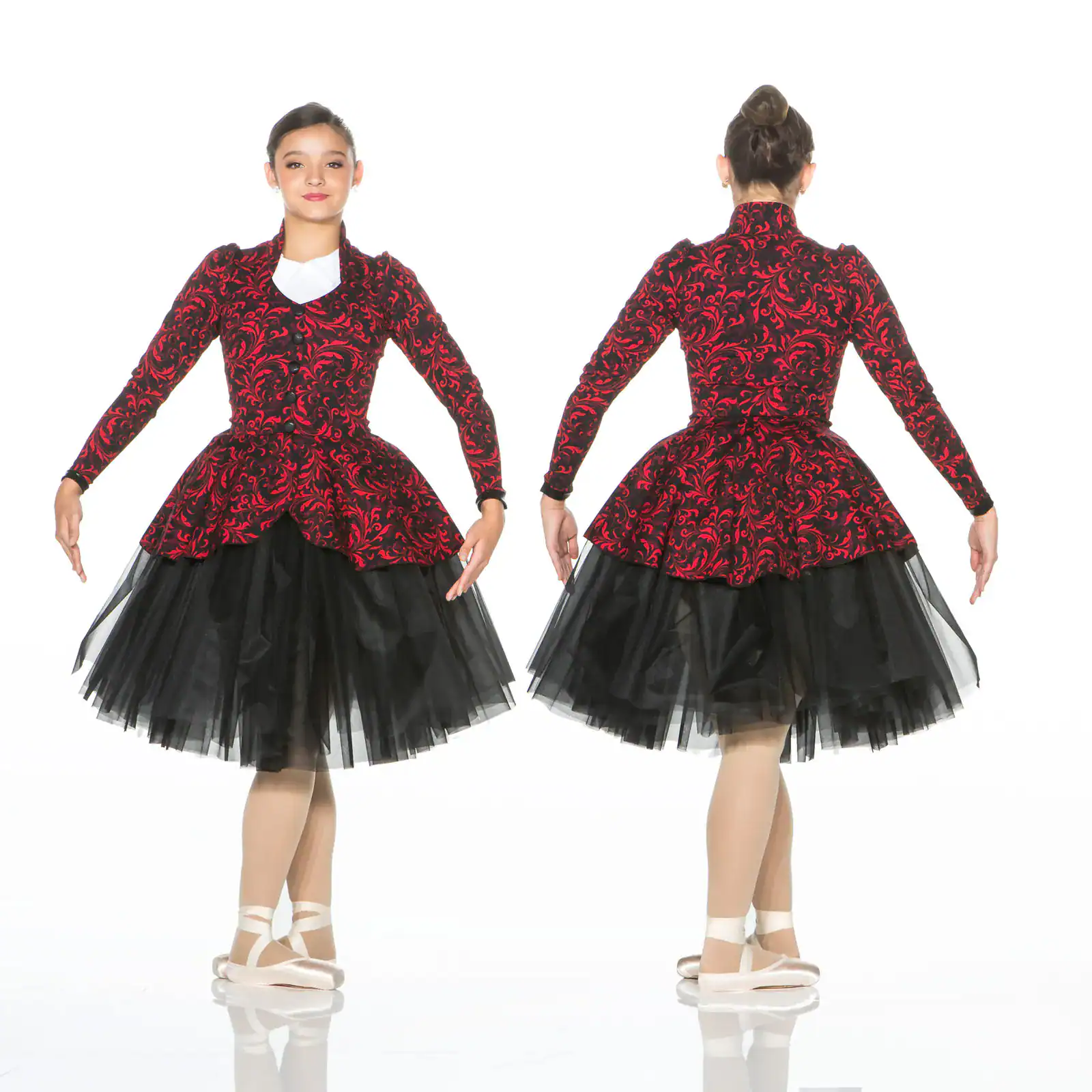Front and back views of red black dance costume