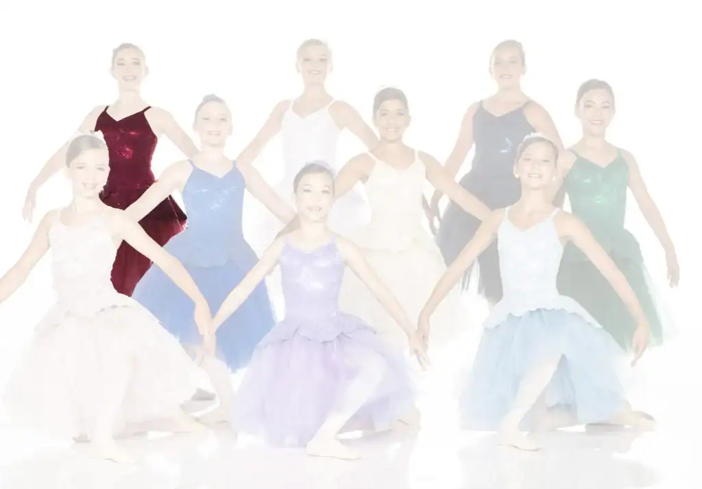 Young ballet dancers in colorful costumes posing together