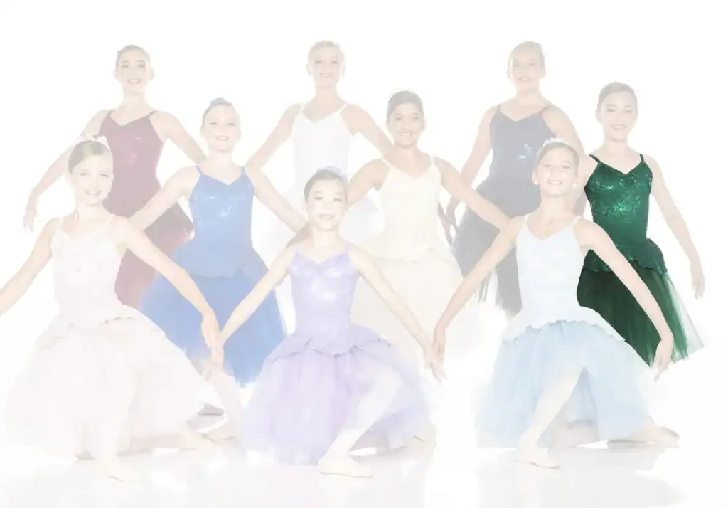 Group of young ballet dancers in colorful costumes posing