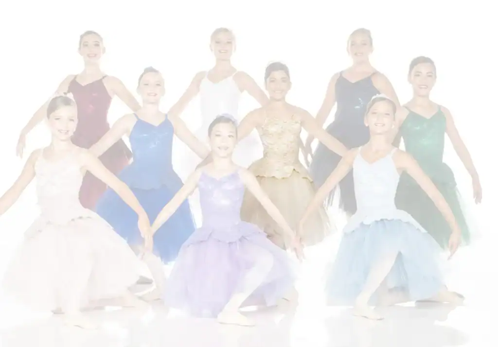 Young ballet dancers posing in colorful costumes