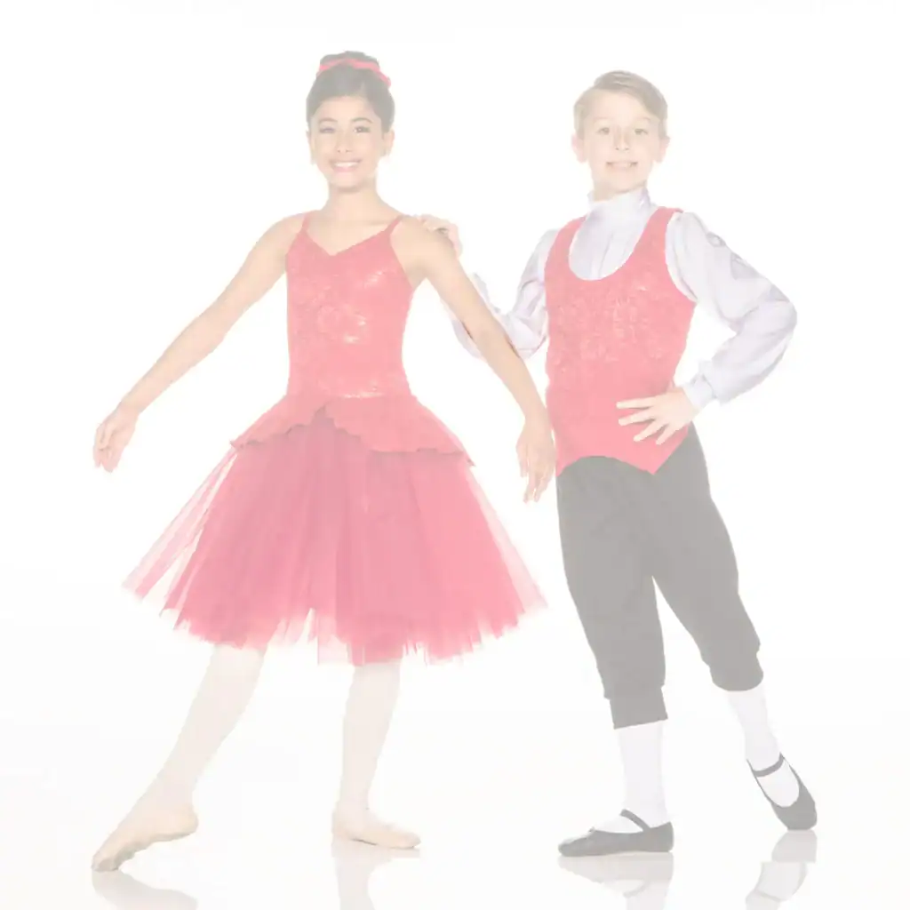 Two young dancers wearing matching pink costumes pose together