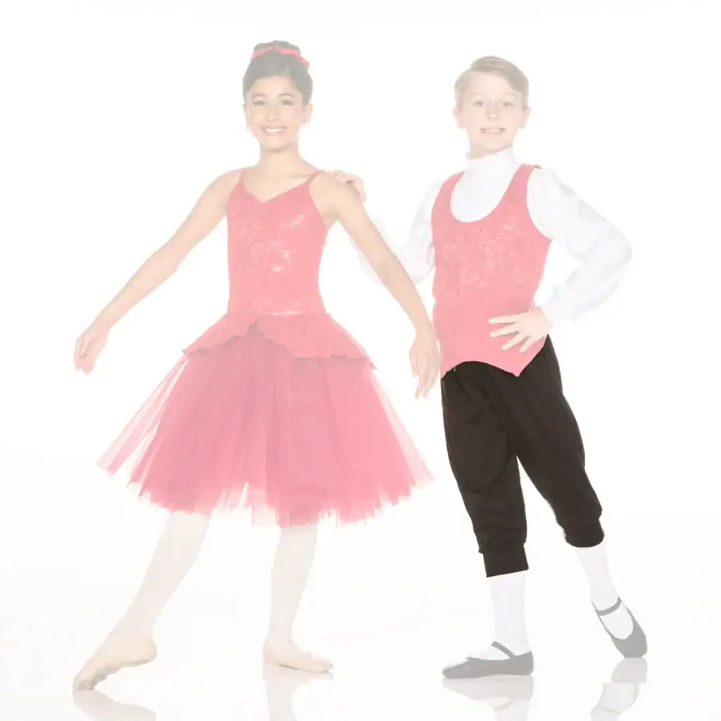 Young ballet dancers in matching pink costumes pose together