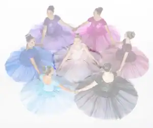 Seven dancers in colorful gowns holding hands in a circle