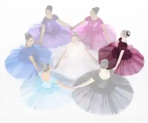 Seven dancers in colorful dresses hold hands in a circle.