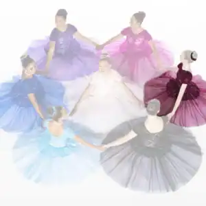 Seven dancers in colorful dresses hold hands in a circle.