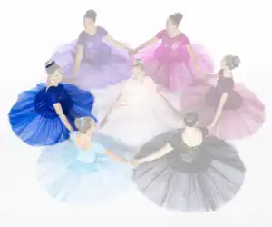 Seven dancers in colorful gowns hold hands in a circle.